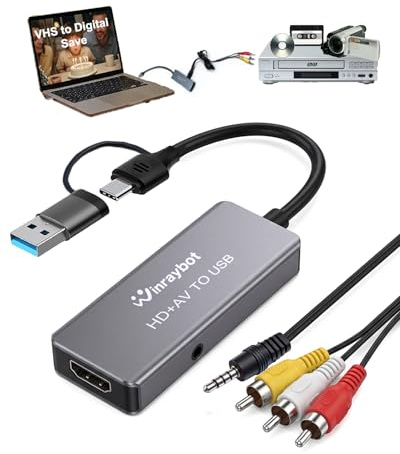 Convertidor VHS a digital, tarjeta de captura de video para VHS/DVD/HI9/AV/Wii, convertidor RCA a USB, adaptador analógico a digital para guardar recuerdos antiguos, entrada RCA/S-Video/HDMI (USB-A+