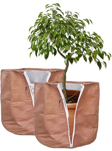 LEKEFETO Lot de 2 protections thermiques pour plantes : 40 x 40 cm, pots de protection hivernales, en film d'aluminium, pour plantes en pot, avec fermeture éclair et cordon de serrage, contre le gel