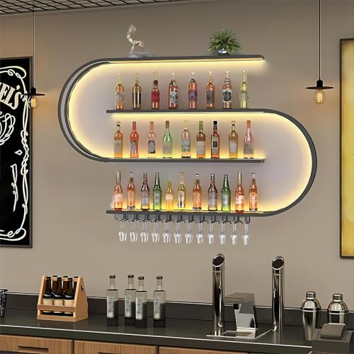 KEPMOGOH Portabottiglie Da Parete con porta calici, 4 livelli porta vino, Metallo Porta Bottiglie vino Con Portabicchieri, Mensola per vino per casa, cucina, bar, sala da pranzo (Nero, 150cm)