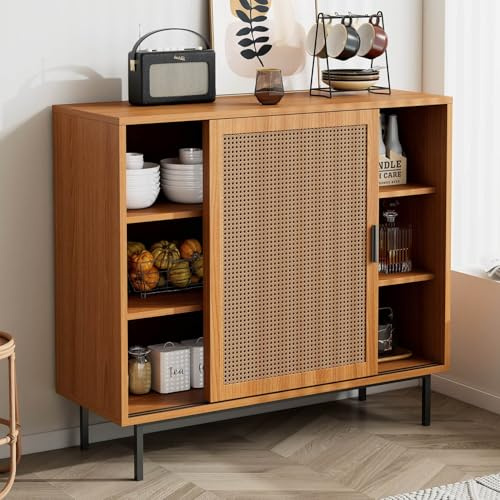 EURHCIO Buffet Cuisine 37x100x90cm,Buffet Salle a Manger,Meuble Cuisine Rangement avec 2 Portes Coulissantes,étagères Réglables,Style Rustique,pour Salon Salles à Manger (Noyer)