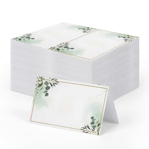 YAZWUR 50 Pz Segnaposto Matrimonio Cartoncini con Bordo Dorato per Matrimonio, Comunione, Battesimo ecc. (Stile Foglia Verde)