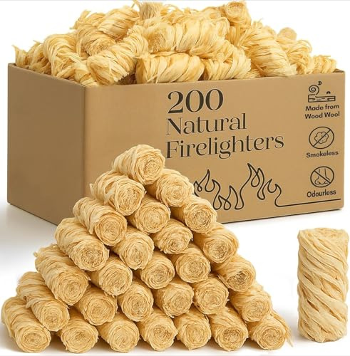 Fire Lighters for Wood Burners, 200 Pack Natural Firelighters | Wood Wool & Wax Long Burning Fire Starters for Log Burner, Pizza Oven, BBQ, Garden Fire Pit | Odourless, Eco Friendly Kindling (200pcs)