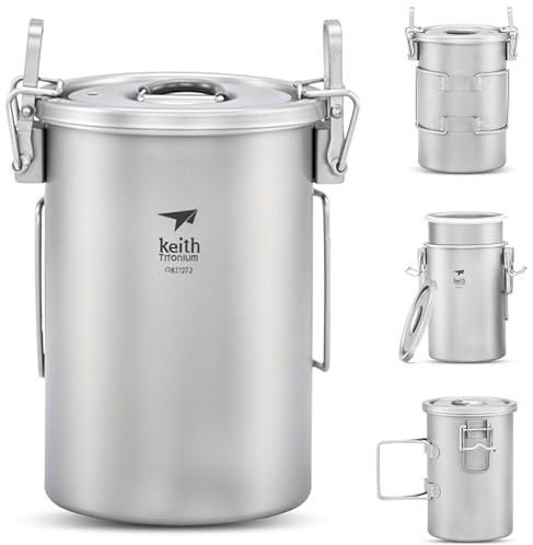 Olla Multifuncional Keith Titanium, Batería de Cocina de Ti6300 900 ml con Tapa, Olla Pequeña para Acampada al Aire Libre con Asa Plegable para Maniobrar Fácilmente, Ideal para Caminatas y Mochileros