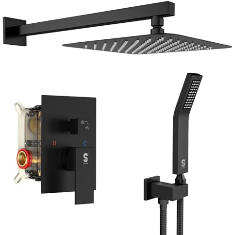 SR SUN RISE Black Square Rainfall Shower Head and Handle Set, Wall Mounted Shower Fixtures, Metal Shower Faucet Trim Repair Kits (With Shower Valve)