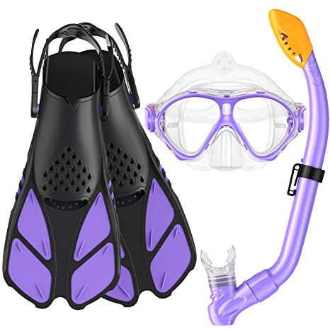 Seovediary Kids Snorkel Set, Mask Fins Snorkeling Gear for Kids Anti-Fog Swim Goggles 180 Panoramic View Dry Top Snorkel and Dive Flippers Combo with Travel Bag for Snorkeling Training Swimming Diving