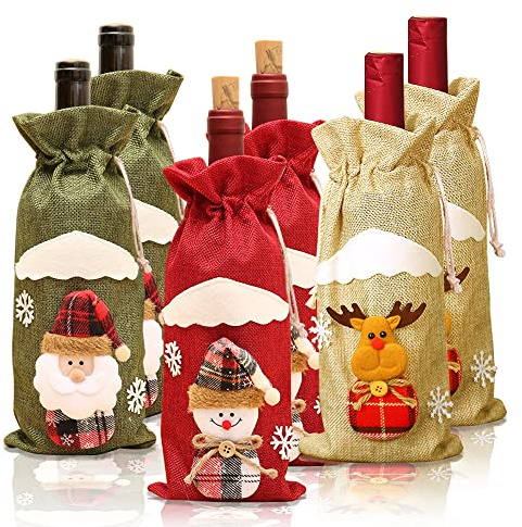 QUCUMER 6 Pcs Christmas Wine Bottle Cover Bags Xmas Red Wine Gift Bags Santa Claus Red Wine Bottle Covers Bags Santa Snowman Deer Pattern Bottle Wrap for Home Dinner Party Festival Table Decor