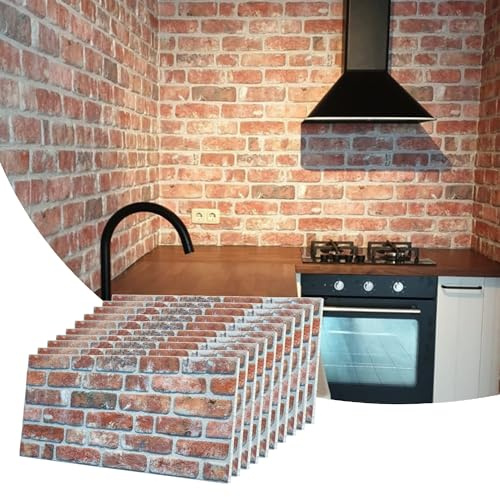 Dundee Deco 3D Wall Panels Faux Brick - Cladding, Red Brown Stone Look Wall Paneling, Styrofoam Facing for Living Room, Kitchen, Bathroom, Balcony, Bedroom, Set of 10, Covers 53 sq ft