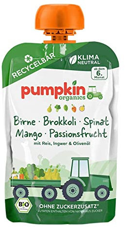 Pumpkin Organics Quetschie - mit Birne, Brokkoli, Spinat, Mango, 100g (12er Pack)