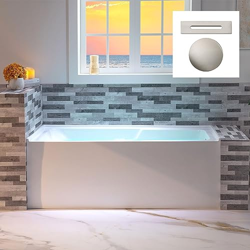 WOODBRIDGE 60 Acrylic Rectangular Alcove Soaking Bathtub in White with Right Drain, Brushed Nickel Pop-Up Drain Included BA6030R