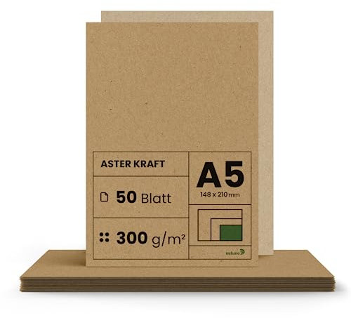 Netuno 50x Kraftpapier 300g DIN A5 148 x 210 mm Aster Kraft Kartonpapier Bastelpapier Vintage Recycling Kraftkarton Karten zum Basteln Beschriften Bedrucken Natur-Papier Kraftpapier selber gestalten