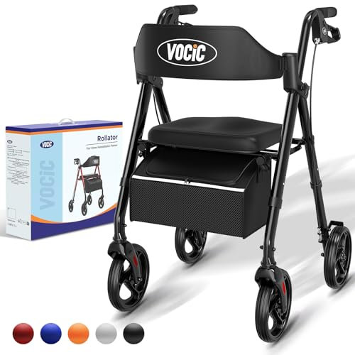 VOCIC Rollator Faltbar und Leicht mit Sit,Rollatoren Schmal für Wohnung,Rollatoren für Senioren Klappbar mit 20cm Reifen für All Gelände,Sitz und Griff Höhenverstellbar,5 Jahre Garantie| Schwarz