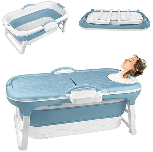 SUBTLETY Faltbare Badewanne Erwachsene Tragbare Klappbadewanne mit Abdeckung Seifenkorb & Griff Wannen zum Aufstellen in der Dusche Ideal für Kleine Badezimmer SPA (118 x 60 x 53 cm, Blau)