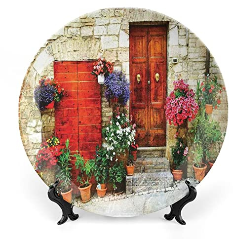 6 Inch Decorative Plate,Tuscan Round Porcelain,Colorful Flowers Outside Home in Italian Hilltown Assisi Rustic Door Print Ornament Display Plate for Dining Table,Wedding Reception,Christmas Tablescape