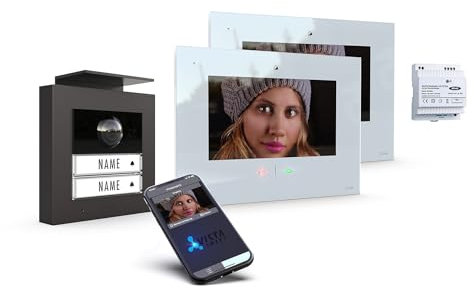 m-e iP Video-Türsprechanlage RFID anthrazit/weiß | Aluminium Außenstation für 2-Familienhaus | 7“ Innenstation | Türklingel mit Kamera | Freisprechanlage Video Sprechanlage Zweifamilienhaus 4-Draht