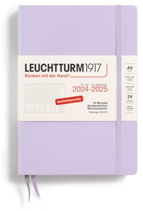 LEUCHTTURM1917 370633 Agenda académica semanal 2025, tamaño mediano A5, tapa dura, calendario de 18 meses, 80 g, a rayas, color morado