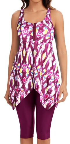 ECUPPER Women Plus Size Tankini Swimsuits Two Piece Swim Dress Modest Skirt Bathing Suit Adjustable Straps Swim Top with Shorts Purplish Red 3XL