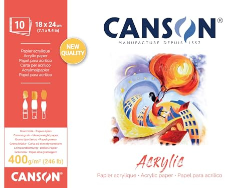 Canson Acrylic, Blocco Carta per Colori Acrilici Grana Telata 18x24 cm, 400gm, 10 Fogli, Collato un Lato