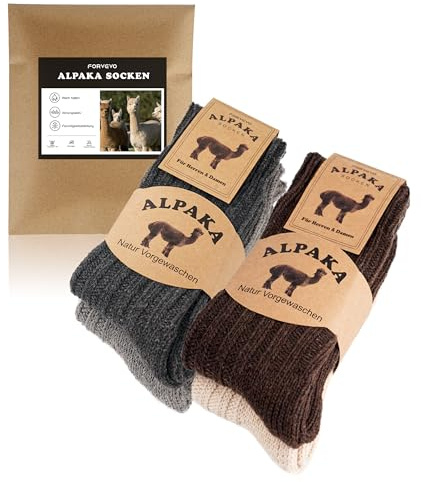 FORVEVO 4 Paires Chaussettes Homme 43-46 Laine Alpaga, Chaussettes Hiver Femme Laine,Chaudes Tricotee Epaisse, Pure Laine Alpaga, Convient Sport Randonnée(Beige Marron Gris)