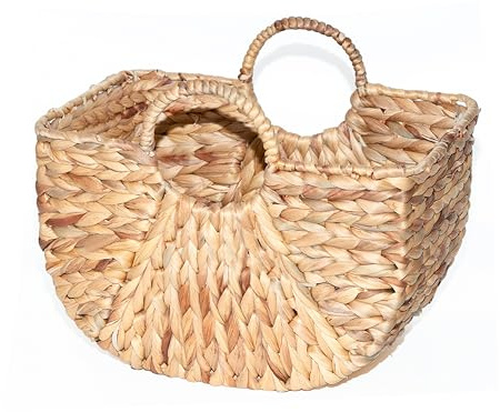 Wickerfield Water Hyacinth Woven Storage Blanket Basket for Shelves Wicker Gift Hamper with Round Handles Kitchen Bathroom Organizer (Large)