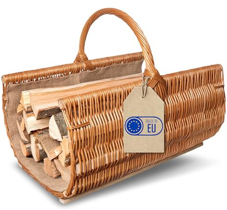 Creative Home Cesta de Mimbre para Almacenar Leña con Asa y Tela de Yute | 60x45x50cm (+/-2cm) Redondo Ovalado | Tejida a Mano Duradera Interior | Sauce Grueso Marrón Natural | Multiuso