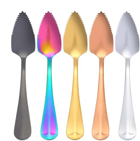5 stycken grapefruktskedar i rostfritt stål, grapefruktskedar med tandad kant, silver köksverktyg med non-stick plätering, efterrättssked rostfritt stål med tandad kant