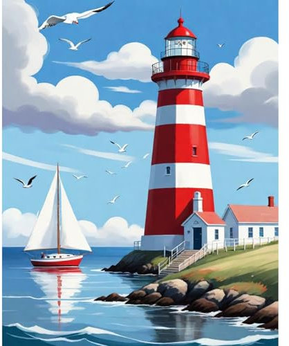 Fountor Lighthouse Paint by Numbers for Adults, Lighthouse Sea Adult Paint by Numbers Canvas Kits Without Frame, DIY Acrylic Number Painting Adults for Gifts Home Wall Decor 16x20 Inch