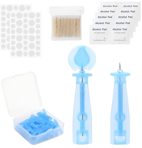 50 bastoncini monouso e 72 punti acne brufoli adesivi per rimuovere gli aghi, per esprimere i brufoli, pratico set di popper, 10 tamponi imbevuti di alcool e 100 tamponi di cotone double face