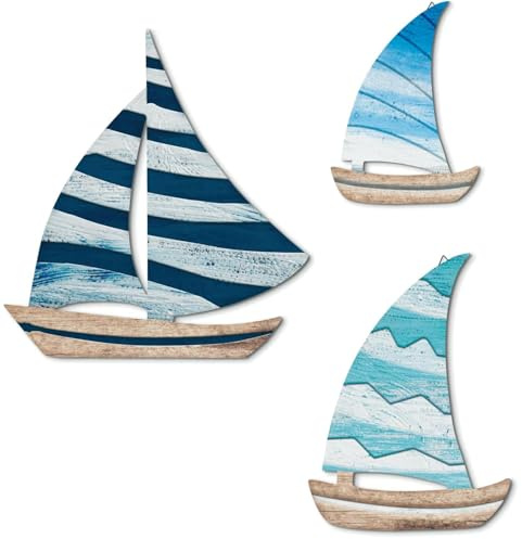 WUBAYI Juego de 3 piezas de decoración de pared de velero, estilo náutico, aspecto de madera, decoración de pared para sala de estar, dormitorio, baño, pasillo, casa de vacaciones, color azul