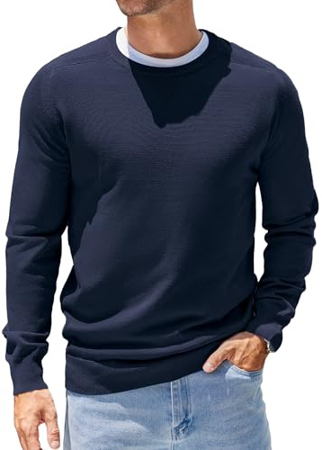 COOFANDY Combinaison à Manches Longues tricoté décontracté col Rond Pull léger uni Hommes Tops d'hiver Bleu Marine L