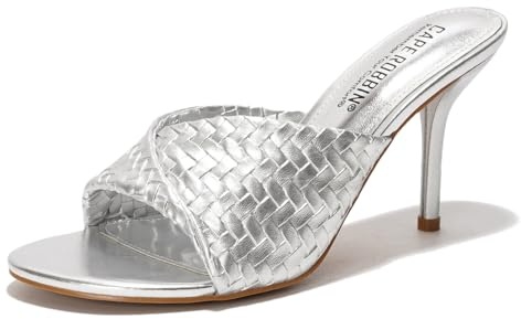 Cape Robbin Women's Braided Strap Heeled Sandals - Dressy Slip On Mules with Stiletto Heel, Comfortable Summer Dress Shoes 2025 (Cristin) Silver 7