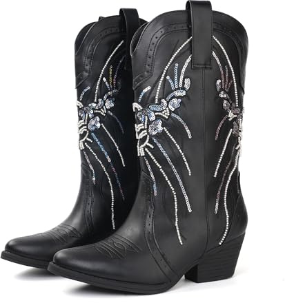 JABASIC Women's Mid Calf Western Cowboy Boots Pointed Toe Sequin Embroidered Chunky Heel Cowgirl Booties (7 UK,Black)
