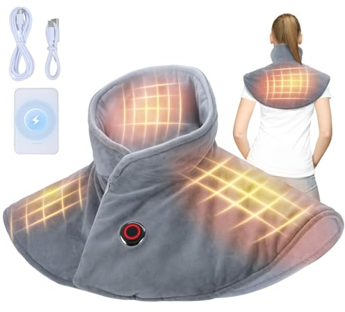 Auniq Cuscino termico senza fili per collo e spalle con Power Bank da 5000 mAh, cuscinetto riscaldante elettrico ponderato con 3 livelli di riscaldamento per alleviare il dolore, scaldacollo