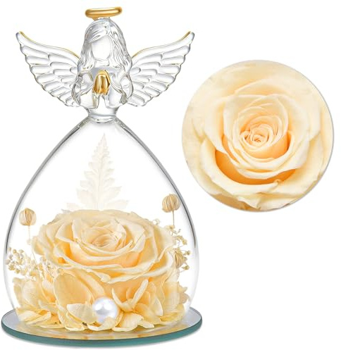 YiHuaHua Regalos Navidad de Angel para Mamá Ella, Rosa Eterna en Cúpula de Cristal de Angel, Flores Preservadas Regalos Navidad Mama Abuela San Valentín Dia De la Madre Aniversario Pareja