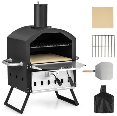 KOMFOTTEU Four à Pizza ouvert pour l'Extérieur, 2 Sections, 600°C, Four en Bois portable en Acier inoxydable, Mini-four avec Pierre à Pizza, Spatule à Pizza, Grille, Couvercle étanche, 54 x 31 x 72 cm