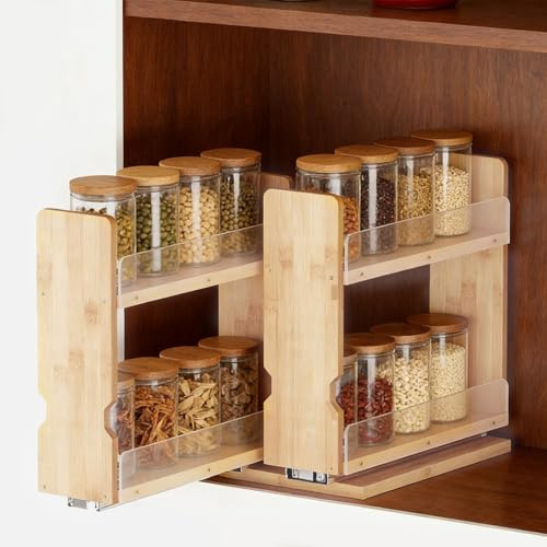 CAIEJSAEN 2-delat set 2 lådor 2 våningar krydda organisatör 27,5 x 13 x 24,5 cm för bambu kryddhylla vägg utan borrning kryddhylla utdragbar med bredare innerfack rymmer större kryddburkar