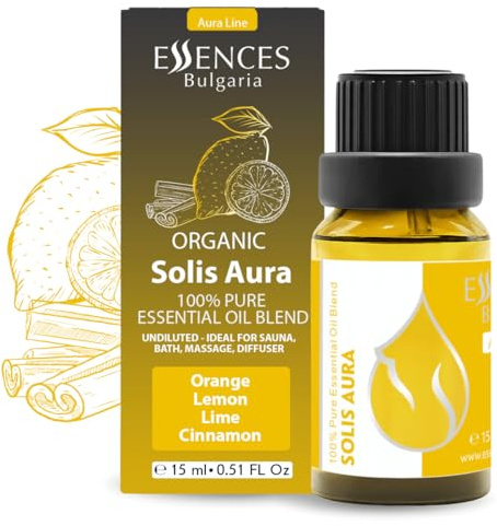 Miscela di oli essenziali biologici Essences Bulgaria Solis Aura 15 ml | Arancia, Limone, Lime, Cannella | Aromaterapia, Sauna e SPA | 100% puro e naturale | Non diluito