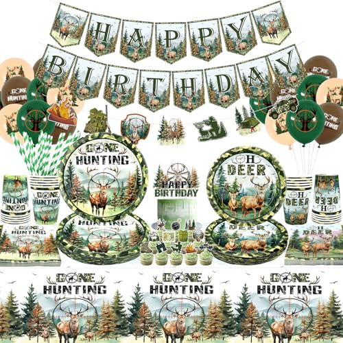 Jagd-Tarn-Partyzubehör für 20 Gäste, einschließlich Happy Birthday Banner, Teller, Servietten, Tortenaufsatz, Luftballons, Tischdecke, Strohhalme, für Camping, Jagd, Geburtstagsparty-Dekorationen