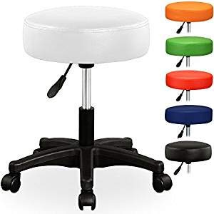 Sgabello da Lavoro Girevole per Salone Estetico e Ambulatorio Medico - Con Rotelle, Rotazione Libera di 360°, 10 cm di Imbottitura, 8 Colori Diversi (Bianco)