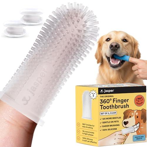 Jasper Dog Toothbrush, 360 Degree Dog Tooth Brushing Kit, Cat Toothbrush, Canine Dental Care & Teeth Cleaning Kit, Pet Finger Tooth Brush, Use with Pet Toothpaste, 2-Pack Clear