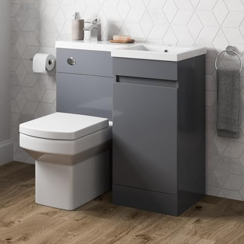 Artis 900mm L Shape Bathroom Vanity Sink Unit Furniture Storage, Right Hand Gloss Grey Vanity Unit + Basin + Ceramic Square Toilet with Concealed Cistern
