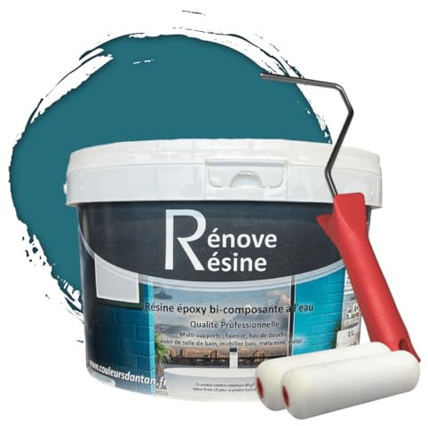 COULEURS D ANTAN Peinture Résine multisupport Intérieur pour Faïence, Carrelage, Douche, Baignoire 5m² - RAL 5021 Bleu d’eau + Kit d'application OFFERT