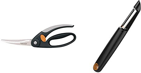 Fiskars Geflügelschere, Gesamtlänge: 25 cm, Qualitätsstahl/Kunststoff, Functional Form, 1003033 & Schäler mit beweglicher Klinge, Länge: 18 cm, Stahl/Kunststoff, Functional Form, Schwarz/Orange