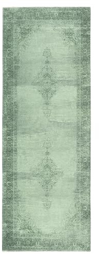 TESSO LIVING Kelim Vintage Teppich Wohnzimmer Grün 80 X 290 cm - Moderner Kurzflor Teppich - Super Soft