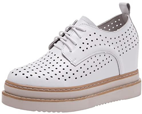 ANUFER Mujeres Piel Genuina Plataforma Tacón de Cuña Oculto Zapatillas con Cordones Ahuecado Casual Zapatos Blanco SN070508 EU38.5