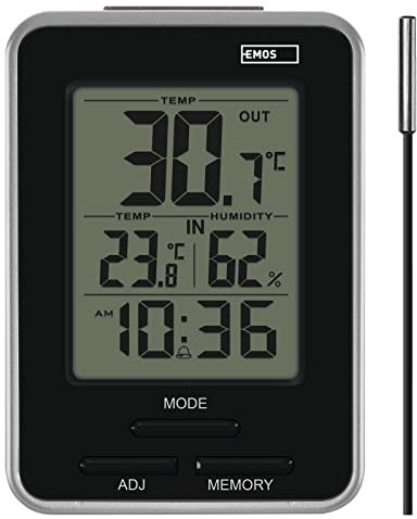 EMOS Termómetro digital con sensor exterior, termómetro e higrómetro interior y exterior, indicador mínimo y máximo, reloj despertador con función de repetición, funciona con pilas, color plateado