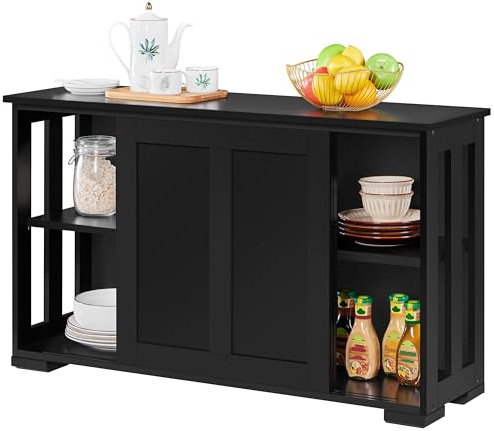 Yaheetech Buffet de Salle à Manger Design, Étagère Réglable, 2 Portes Coulissants, Meuble de Rangement Cuisine/Salon Bahut Laqué Noir 106,7 x 33 x 63 cm