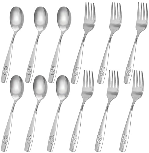 HANSGO 12PCS Toddler Utensils, Stainless Steel Kids Silverware, Safe Toddler Forks and Spoons, Mirror Polished, Dishwasher Safe, with Bunny & Puppy Motifs, Fun Stocking Stuffers for Kids