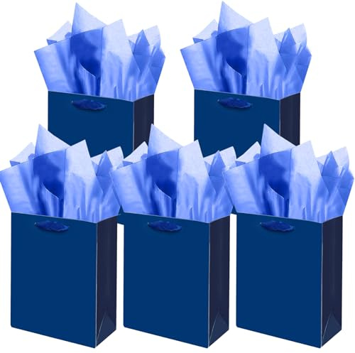 Gcardist Sacchetti Regalo Blu Nordico con Carta Velina per Matrimonio, Compleanno, Forniture per Feste - 5 Sacchetti Regalo di Carta da 8 x 4,3 x 10 Pollici, 15 Pezzi di Carta Velina