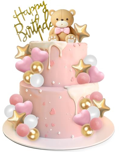 Decorazioni Torta Orso 27 Pezzi Cake Topper Compleanno Bambino Orsetto Topper Torta, Cuore Stella Palline Decorative per Torte, Carino Decorazione Torta per Bambini Anniversari Tema Feste (Rosa)