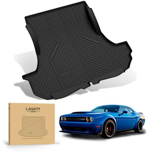LASFIT Cargo Mats for Dodge Challenger 2011 2012 2013 2014 2015 2016 2017 2018 2019 2020 2021 2022 2023, All Weather TPE Custom Fit Trunk Mats Cargo Liners, Black